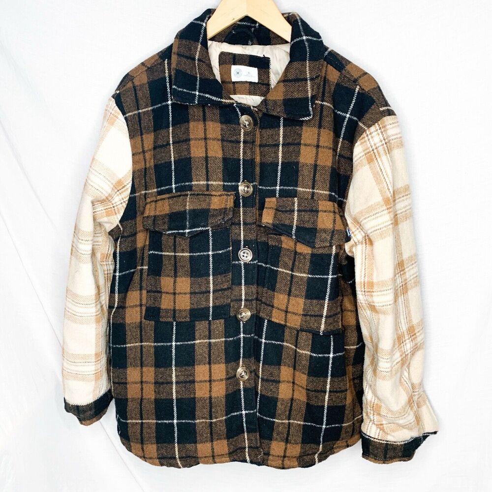 Hurley Flannel Button Up Jacket Womens Small Ivory Brown Plaid with Front Pocket